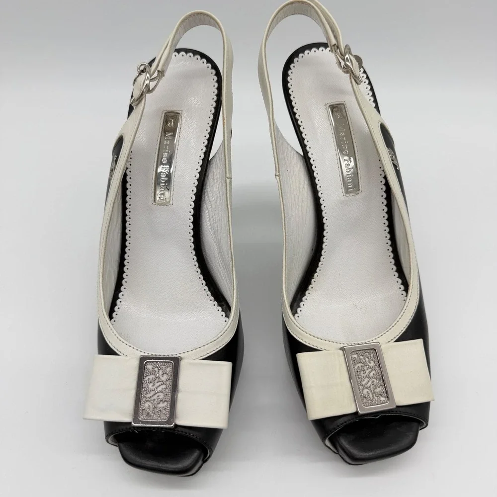 Authentic Marino Fabiani Slingback Heels Size 38 Black White Platform Italy